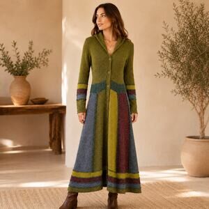 Peruvian Trading Company SZ S Pixie Hood Duster Cardigan Thumbholes Green Boho